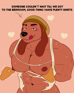 abs anthro beanie big_muscles big_pecs blush bodily_fluids body_worship chest_grab clothing dialogue disembodied_hand duo eyebrows floppy_ears hand_on_chest hands_behind_back hat headgear headwear heart_symbol huge_pecs licking licking_lips licking_own_lips long_ears male muscle_worship muscular muscular_anthro muscular_male narrowed_eyes navel nipple_fetish nipple_pinch nipple_play nipples pec_grab pec_squeeze pec_squish pecs pinch pink_background scar self_lick shirt simple_background smile solo_focus squish sweat text tongue tongue_out topwear torn_clothing torn_shirt torn_topwear doggonut dough_(doggonut) canid canine canis domestic_dog mammal 2021 absurd_res english_text hi_res