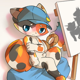 anthro artist big_eyes biped black_markings blue_clothing blue_eyes blue_hat blue_headwear blush canvas claws clothing digitigrade easel eyebrows fingers front_view fur genitals hat hat_only headgear headgear_only headwear headwear_only kemono male male_anthro markings mascot mostly_nude multicolored_body multicolored_fur nude painting_(object) penis pink_nose simple_background sitting sitting_on_object small_body small_nose solo spots spotted_body spotted_fur tail young young_anthro young_male godforgiveme4 picatso picatso_(picatso) calico_cat domestic_cat felid feline felis mammal 1:1 digital_drawing_(artwork) digital_media_(artwork) digital_painting_(artwork) full-length_portrait hi_res painting_(artwork) portrait shaded soft_shading