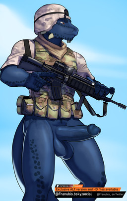 armor balls biped blue_body blue_scales bottomless bottomless_male clothed clothing erection fingers genitals glans gun headgear helmet holding_object holding_ranged_weapon holding_weapon male military military_uniform muscular muscular_male penis ranged_weapon scales soldier solo standing text uniform war warrior weapon franubis bethesda_game_studios microsoft skyrim the_elder_scrolls tristen argonian scalie english_text hi_res