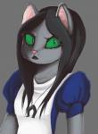 clothed clothing female green_eyes looking_at_viewer simple_background solo jigglet american_mcgee's_alice felid mammal 2016 hi_res reaction_image