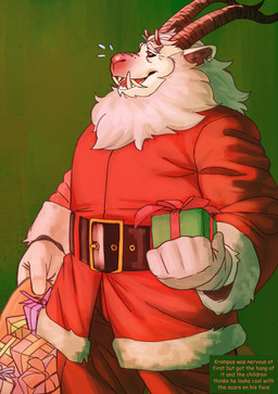 anthro beard belt clothing costume dyed_fur facial_hair fangs fur gift holidays horn male notched_ear open_mouth santa_costume scar solo standing teeth text white_body white_fur lhjal2 christmas krampus bovid caprine caprine_demon demon goat_demon mammal 2024 absurd_res english_text hi_res