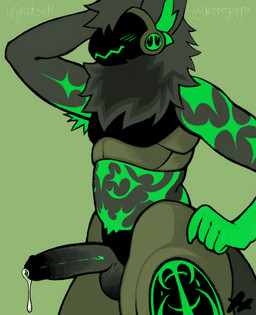 anthro armor armpit_hair belly black_penis blush bodily_fluids body_hair circumcised cum dripping ejaculation embarrassed erection fluffy genital_fluids genitals hoppoyoppo humiliation leaking_precum machine male musclegut muscular neck_tuft penis precum precum_drip premature_ejaculation solo thick_thighs tuft hoppo_(artist) hoppo protogen