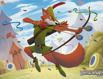 anthro arm_tuft arrow_(weapon) belt belt_buckle bent_arm bent_leg black_eyes black_nose blue_sky bow_(weapon) brown_belt buckle cheek_tuft closed_smile clothed clothed_anthro clothed_male clothing cloud confident confident_anthro confident_male day elbow_tuft facial_tuft flag fluffy fluffy_tail footwear fur furrowed_brow furrowed_eyebrows green_clothing green_footwear green_hat green_headwear green_ribbon green_shirt green_shoes green_topwear green_tunic hat hat_feather headgear headwear holding_bow_(weapon) holding_object holding_ranged_weapon holding_weapon leaf light long_tail loose_feather male male_anthro midair mouth_closed multicolored_body multicolored_fur orange_body orange_fur orange_tail pantsless_anthro pantsless_male pink_inner_ear quiver_(object) ranged_weapon shirt shoes sky smile solo tail target tent text topwear tuft tunic two_tone_body two_tone_fur weapon white_body white_fur federico_maria_cugliari disney disney_lorcana robin_hood_(disney) robin_hood canid canine fox mammal red_fox true_fox 2024 adobe_photoshop_(artwork) colored digital_drawing_(artwork) digital_media_(artwork) english_description english_text hi_res lighting official_art shaded