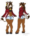 anthro big_butt biped black_clothing black_lips black_underwear bottomwear bra butt clothed clothing collar cowbell crossdressing curvy_figure femboy fur green_eyes hair horn lips long_hair looking_at_viewer male pattern_clothing pattern_shirt pattern_topwear piercing plaid plaid_clothing plaid_shirt plaid_topwear pose shirt shorts solo sports_bra standing text topwear underwear wide_hips masamaki harley_(moo) bovid bovine cattle mammal 2015 english_text hi_res