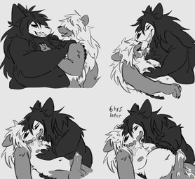 anthro bone drinking_saliva duo ejaculation gynomorph hair hair_over_eyes intersex intersex/intersex kissing long_tongue obese overweight saliva_inflation skull skull_head tongue sudo7 scp_foundation scp-1471-a hyena malo mammal hi_res monochrome