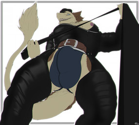 anthro balls balls_outline bdsm belt big_bulge brown_body brown_fur bulge chaps clothing detailed_bulge dominant dominant_anthro dominant_male first_person_view fur genital_outline genitals grey_background jacket jockstrap leash leash_pull leashed_pov leashed_viewer leather leather_clothing leather_jacket leather_topwear looking_at_viewer low-angle_view male male_anthro nipple_slip nipples pecs penis penis_outline simple_background solo tan_body tan_fur thick_thighs topwear underwear white_background sarquiat sergal hi_res