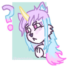 :< anthro blue_hair blue_inner_ear_fluff eyebrows female fur hair horn inner_ear_fluff multicolored_hair pink_body pink_eyes pink_fur pink_hair purple_eyebrows purple_hair question_mark solo tuft unicorn_horn yellow_horn capegloam canid canine mammal 2020 aliasing bust_portrait digital_drawing_(artwork) digital_media_(artwork) low_res magma_(artwork) portrait