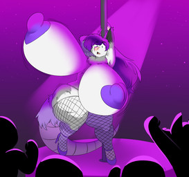anthro big_breasts breasts clothing female fishnet_clothing fishnet_legwear footwear group hair high_heels huge_breasts hyper hyper_breasts legwear nipple_outline on_one_leg open_mouth pasties pole purple_hair shoes solo_focus standing stripper_pole robertge species_request 2023