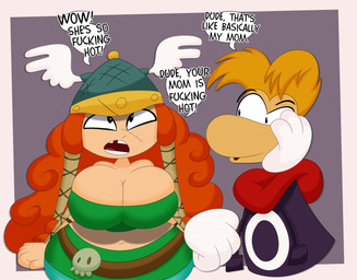 4_fingers 5_fingers big_breasts black_eyes blonde_hair border breasts cleavage clothed clothing curvy_figure dialogue duo facial_scar female fingers floating_hands grey_background hair heart_eyes heart_symbol hoodie huge_breasts huge_hips huge_thighs leggings legwear light-skinned_female light_body light_skin long_hair male midriff not_furry profanity purple_clothing purple_hoodie purple_topwear red_hair red_hood scar simple_background snout tan_body tan_skin teal_clothing teal_leggings teal_legwear teeth text thick_thighs tooth_gap topwear tube_top viking_helmet voluptuous voluptuous_female voluptuous_human white_border wide_hipped_female wide_hipped_human wide_hips 3barts rayman_(series) ubisoft barbara_(rayman) rayman human humanoid mammal raypeople_(rayman) 2026 absurd_res digital_drawing_(artwork) digital_media_(artwork) english_text hi_res