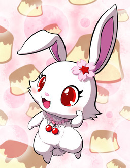 accessory anthro blush dessert female flower flower_accessory flower_hair_accessory food fur hair_accessory jewelry long_ears necklace open_mouth pattern_background plant pudding red_eyes simple_background smile solo white_body white_fur ten_nekosupi jewelpet sanrio sega sega_fave ruby_(jewelpet) hare japanese_hare lagomorph leporid mammal