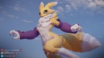 anthro armwear blue_eyes breasts bridal_gauntlets clothing featureless_breasts female fluffy fluffy_tail mostly_nude paws raised_arm small_breasts solo tail text dogzeela bandai_namco digimon renamon_(dogzeela) canid digimon_(species) mammal renamon 16:9 3d_(artwork) 4k absurd_res digital_media_(artwork) hi_res url widescreen