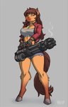 5_fingers anthro belt bottomwear breasts brown_hair cleavage clothed clothing crop_top denim denim_bottomwear denim_clothing denim_shorts female fingerless_gloves fingers fur gatling_gun gloves green_eyes grey_background gun hair handwear holding_object holding_weapon hooves jacket jewelry long_hair machine_gun midriff minigun necklace ranged_weapon shirt shorts simple_background smile smirk smoke solo tan_body tan_fur topwear weapon rawslaw5 middy_(midrushnic) equid equine horse mammal 2021 hi_res signature