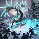 antlers armor bracers breath_powers cloak clothed clothing cloud detailed_background elemental_manipulation evergreen_tree female feral forest fully_clothed glowing greaves group horn ice_breathing ice_manipulation leather leather_armor magic magic_user male melee_weapon nature outside overcast pauldron pine_tree plant shield sky snow snowscape standing sword tree weapon white_sky winona_nelson hasbro magic:_the_gathering wizards_of_the_coast deer human mammal moose new_world_deer 1:1 cool_colors official_art