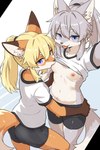 2024 2:3 anthro areola athletic_wear biped black_nose blonde_hair blue_eyes bottomwear breasts canid canine clothed clothing clothing_lift countershade_fur countershading digital_media_(artwork) dipstick_ears dipstick_tail duo ear_markings eyebrows female female/female fox fur gayoku_midara grey_body grey_fox grey_fur grey_hair hair hi_res inner_ear_fluff kemono looking_at_viewer mammal markings multicolored_ears navel nipple_fetish nipple_play nipple_suck nipples orange_body orange_fur ponytail portrait selfie shirt shirt_lift shorts simple_background small_breasts sucking t-shirt tail tail_markings three-quarter_portrait tied_hair tongue tongue_out topwear tuft urocyon