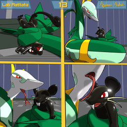 ambiguous_gender clothing coiling coiling_another duo feral forked_tongue green_body latex latex_clothing latex_skinsuit licking open_mouth orange_eyes page_number red_eyes scared size_difference skinsuit struggling tail teeth tight_clothing tongue tongue_out aquinas_audax nintendo pokemon generation_1_pokemon generation_5_pokemon mammal murid murine pokemon_(species) rat rattata reptile rodent scalie serperior snake 1:1 3d_(artwork) absurd_res blender_(artwork) blender_eevee_(artwork) comic digital_media_(artwork) hi_res signature
