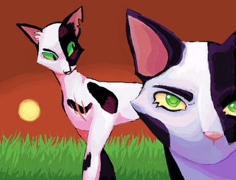 ambiguous_gender duo feral fur grass green_eyes looking_aside looking_at_viewer outside plant scar standing sunset teochronico warriors_(book_series) fan_character domestic_cat felid feline felis mammal 2023 character_request digital_media_(artwork) digital_painting_(artwork) painting_(artwork)