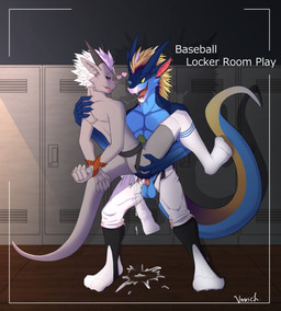 anthro baseball_uniform bodily_fluids bullying clothing duo genital_fluids inside jockstrap locker male male/male precum precum_through_clothing precum_through_jockstrap precum_through_underwear raining saliva saliva_string sportswear tail text underwear uniform wet wet_clothing virusch mythology teryx teryx_commodore dragon mythological_creature mythological_scalie scalie english_text hi_res