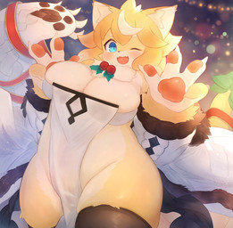 4_fingers accessory anthro arm_tuft big_breasts biped black_nose blonde_hair blue_eyes blue_pupils blush bow_(feature) bow_accessory bow_ribbon breasts brown_clothing brown_ear_tips brown_ears brown_legwear brown_thigh_highs claws cleavage clothed clothing coat countershade_face countershade_fur countershade_hands countershade_legs countershade_torso countershading curvy_figure dipstick_ears ear_markings female female_anthro finger_claws fingers front_view fur fur_trim_(clothing) furgonomics glistening glistening_body glistening_eyes glistening_fur green_bow hair highlights_(coloring) holly_(plant) inner_ear_fluff kemono legwear looking_at_viewer monotone_tail multicolored_body multicolored_ears multicolored_fur multicolored_hair neck_tuft one_eye_closed open_clothing open_coat open_mouth open_smile open_topwear pawpads pelvic_curtain pink_pawpads plant pupils red_ribbon ribbons short_hair slightly_chubby smile solo tail tail_accessory tail_bow tail_ribbon thick_thighs thigh_highs three-quarter_view topwear translucent translucent_clothing tuft two_tone_body two_tone_ears two_tone_fur two_tone_hair voluptuous white_body white_claws white_clothing white_coat white_countershading white_fur white_hair white_highlights white_inner_ear white_inner_ear_fluff white_topwear wide_hips wink wrist_tuft yellow_body yellow_ears yellow_fur yellow_tail nalu_ame021 felid feline felis mammal colored digital_media_(artwork) hi_res portrait shaded three-quarter_portrait