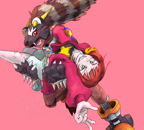 bottomwear bridal_carry carrying_another claws clothing dark_body dark_skin duo female grin hair paws ponytail raccoon_tail_hair red_eyes red_hair shorts smile ekumon bandai_namco digimon digimon_beatbreak reina_sakuya bearcatmon binturong_humanoid digimon_(species) human humanoid mammal