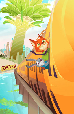 4_fingers anthro blinking clothed clothing detailed_background dipstick_ears duo ear_markings eye_contact female fingers front_view fur green_eyes grey_body grey_fur hand_behind_back long_ears looking_at_another male multicolored_ears necktie orange_body orange_fur plant purple_eyes shirt smile text topwear train tree vehicle wind omarururu disney zootopia judy_hopps nick_wilde canid canine fox lagomorph leporid mammal rabbit red_fox true_fox animated english_text