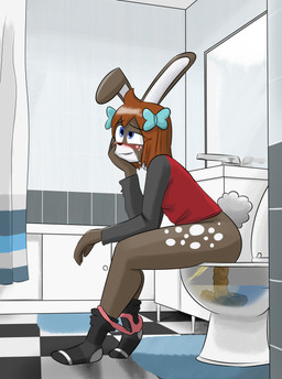 accessory anthro bathroom blue_eyes blush bodily_fluids bottomless bottomwear brown_body brown_fur butt clothed clothing feces female floppy_ears footwear fur genital_fluids grin hair hair_accessory long_sleeve_shirt markings mirror panties panties_down partially_clothed peeing pooping relieved shirt shower_curtain sink sitting smile socks solo spots spotted_markings tail text toilet_use topwear underwear underwear_down urine urine_stream watersports white_body white_fur x-ray_view notmypornaccount casey_(notmypornaccount) cottontail_rabbit lagomorph leporid mammal rabbit 2025 absurd_res digital_media_(artwork) hi_res