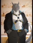 anthro bar blue_eyes bulge clothing detailed_background digital_media_(artwork) dragon front_view fully_clothed_male grey_body grin hands_in_both_pockets hi_res kardukk kardukk_(artist) kikuro kobold looking_at_viewer male multicolored_body muscular muscular_male mythological_creature mythological_scalie mythology pecs pose reptile scalie shaded smile solo suit_jacket teasing torso two_tone_body two_tone_tail white_body