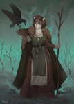 ambiguous_feral ambiguous_gender anthro anthro_focus belt breasts brown_hair cloak clothing dress duo female female_focus feral hair jewelry plant solo_focus staff standing tree ashrin_(artist) avian bird corvid felid feline mammal oscine passerine hi_res