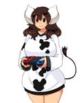 animal_print big_breasts breasts brown_eyes brown_hair clothed clothing controller cow_print female game_controller hair holding_controller holding_object horn long_hair smile solo tail tail_tuft tuft hataraki_ari nintendo nintendo_switch animal_humanoid bovid bovid_humanoid bovine bovine_humanoid cattle_humanoid horned_humanoid humanoid mammal mammal_humanoid tailed_humanoid