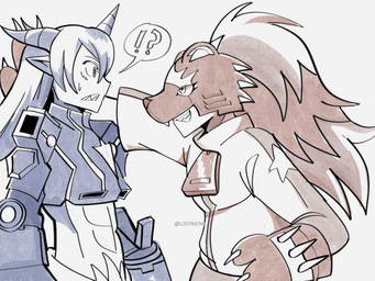 abs brass_knuckles duo female flirting grin horn kabedon male melee_weapon paws sharp_teeth smile teeth weapon luxinova bandai_namco digimon aegiochusmon bearcatmon digimon_(species) humanoid 4:3 hi_res