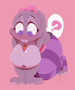 all_fours anthro between_breasts big_breasts big_butt blush bottomwear breasts butt cleavage clothed clothing duo ears_down extreme_size_difference female huge_breasts larger_female leggings legwear looking_at_another macro male male/female micro micro_between_breasts micro_in_cleavage pattern_bottomwear pattern_clothing pivoted_ears question_mark scrunchie sign size_difference smaller_male speech_bubble striped_bottomwear striped_clothing stripes thick_thighs wide_eyed dalmatinya disney zootopia judy_hopps nick_wilde canid canine european_rabbit fox lagomorph leporid mammal oryctolagus rabbit red_fox true_fox hi_res