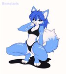 anthro blue_body blue_fur blue_hair bottomwear bra breasts camel_toe clothing female fur hair looking_at_viewer multicolored_body multicolored_fur panties simple_background smile solo tail two_tone_body two_tone_fur underwear white_body white_fur hemelarix mythology nintendo star_fox krystal_(star_fox) canid canine canis fox mammal digital_media_(artwork) hi_res