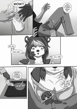 anthro breasts cleaning clothed clothing dialogue duo erection erection_under_clothing female hair handjob handjob_through_clothing male penile rubbing_penis sex speech_bubble spilled_drink surprised text wet wet_clothing young gogogrey blizzard_entertainment warcraft pacchi ailurid bear canid canine mammal pandaren red_panda comic english_text hi_res