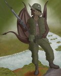 absurd_res ace_of_hearts anthro card clock clothing dog_tags dragon dragon171 explosives fog grass grenade gun hi_res horn male military mud mythological_creature mythological_scalie mythology plant ranged_weapon river rock scalie soldier solo standing tail tree uniform vietnam warrior watch water weapon wings