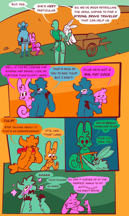 anthro big_penis_appreciation blush cart dialogue dirty_talk embarrassed female fur holding_another male outside path shirtless_male simple_background speech_bubble tape_measure text wool_(fur) vanilla_candy unicorn_blood_(comic) bean_(vanilla_candy) briar_(vanilla_candy) saffron_(unicorn_blood) tulip_(unicorn_blood) arthropod bovid caprine hybrid insect lagomorph lepidopteran mammal moth reptile scalie sheep snake absurd_res comic english_text hi_res restricted_palette