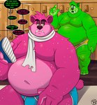 anthro belly bulge candy clothing dessert detailed_background duo food green_body gummy_(food) gummy_bear_(food) humanoid_hands inside locker_room male moobs navel overweight overweight_male pink_body scarf sitting text underwear trashtoonz gummybear_and_friends gummibar bear food_creature gummy_creature living_candy mammal 2021 english_text hi_res