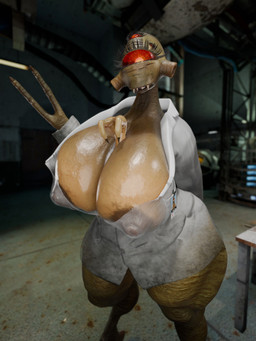 2_fingers 3_arms 4_eyes areola areola_slip badge big_areola big_breasts big_nipples bottomless breasts cleavage clothed clothing coat depth_of_field eyelashes female fingers gesture glowing glowing_eyes greeting_viewer huge_breasts lab_coat looking_at_viewer multi_arm multi_eye multi_limb nipples nipples_visible_through_clothing red_eyes smile solo teeth thick_thighs topwear translucent translucent_clothing wide_hips lazyisopod half-life half-life_2 valve alien vortigaunt 3:4 3d_(artwork) blender_(artwork) blender_eevee_(artwork) digital_media_(artwork) hi_res