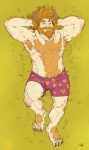 anthro armpit_hair barefoot beard biped blonde_hair body_hair boxers_(clothing) bulge chest_hair clothed clothing facial_hair feet grass hair hairy hairy_feet high-angle_view horn long_ears lying male mature_anthro mature_male musclegut muscular muscular_anthro muscular_male mustache nipples on_back pattern_clothing pattern_underwear pecs plant plantigrade solo topless underwear baraqueen undertale undertale_(series) asgore_dreemurr boss_monster_(undertale) bovid caprine mammal 2016 signature