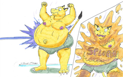 bloated bulge bursting cartoon_physics clothing death death_ray explosion fur inflation male nipples overweight pink_nipples science_fiction shocked splat underwear yellow_body yellow_fur timuron timuron_(character) azdov humanoid hi_res