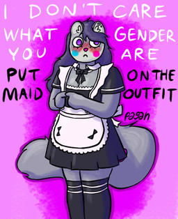 ambiguous_gender anthro black_clothing black_legwear black_text black_thigh_highs blue_blush blush blush_lines bow_ribbon clothing ear_piercing embarrassed femboy fluffy fluffy_tail fur grey_body grey_fur hair legwear long_hair long_tail maid_apron maid_collar maid_uniform pattern_clothing pattern_legwear pattern_thigh_highs piercing pink_blush pink_nose purple_eyes purple_hair shy simple_background solo stockings striped_clothing striped_legwear striped_thigh_highs stripes tail text thigh_highs uniform white_text pathetic_pagan paghan mammal mustelid polecat_(mustelid) nonbinary_(lore)