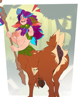 5_fingers anus areola blue_eyes blue_highlights blush blush_lines border breasts brown_body brown_fur butt cloven_hooves countershade_butt countershade_tail countershading dewclaw_hooves eye_through_hair eyebrows eyelashes eyelashes_through_hair female fingers fur genitals hair half-closed_eyes highlights_(coloring) hooves magic_staff markings narrowed_eyes nipples nude outside_border pink_areola pink_nipples puffy_anus purple_hair quadruped solo spots spotted_body spotted_fur spotted_markings tail tan_body tan_fur tan_spots translucent translucent_hair vulva white_border zeo_(artist) league_of_legends riot_games tencent lillia_(lol) deer deer_taur mammal mammal_taur taur absurd_res hi_res