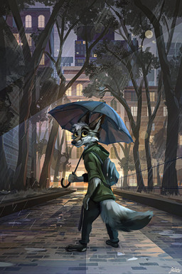 anthro backpack barefoot biped bottomwear building cheek_tuft clothed clothing detailed_background eyebrows facial_tuft feet fluffy fluffy_tail fur green_clothing grey_body grey_fur holding_object holding_umbrella hoodie looking_at_viewer looking_back looking_back_at_viewer male modern_architecture neo-classical_architecture outside plant raining smile solo tail topwear tree tuft umbrella urban white_body white_fur jacato canid canine mammal 2021 digital_media_(artwork) digital_painting_(artwork) english_description hi_res painting_(artwork)
