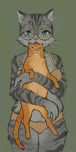 :< ambiguous_feral ambiguous_gender anthro big_glasses biped bra clothing domestic_pet eyebrow_whiskers eyewear female female_anthro feral fur furries_with_pets glasses green_background grey_body grey_fur holding_partner larger_anthro larger_female looking_at_viewer monotone_background orange_body orange_fur panties paws quadruped round_glasses simple_background size_difference smaller_ambiguous smaller_feral tail underwear wearing_glasses whiskers morbiddevotion domestic_cat felid feline felis mammal colored digital_media_(artwork) digital_painting_(artwork) painting_(artwork)
