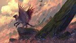 day detailed_background feathered_wings feathers feral grass group outside plant rock sky solo_focus standing wings clockbirds mythology avian gryphon mythological_avian mythological_creature 2021 digital_media_(artwork) hi_res