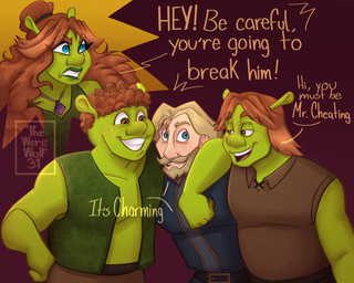 aged_up arm_around_shoulders arms_bent belt belt_buckle big_nose black_belt blonde_eyebrows blonde_facial_hair blonde_hair blonde_mustache blue_clothing blue_eyes blue_shirt blue_topwear blue_tunic bottomwear brown_bottomwear brown_clothing brown_eyes brown_line_art brown_shirt brown_tank_top brown_topwear buckle clothed clothed_female clothed_human clothed_humanoid clothed_male clothing curly_hair dialogue exclamation_point eyebrow_through_hair eyebrows eyelashes facial_hair female female_humanoid freckled_face freckles frown fully_clothed fully_clothed_humanoid fully_clothed_male furrowed_brow furrowed_eyebrows green_body green_clothing green_lips green_shirt green_skin green_tank_top green_topwear green_vest group hair hair_bun half-closed_eyes hand_on_hip hand_on_own_hip jewelry light lips long_hair male male_human male_humanoid mature_human mature_male medium_hair mustache name_in_dialogue narrowed_eyes necklace nickname not_furry open_clothing open_mouth open_smile open_topwear open_vest pink_tongue prince red_background red_hair royalty shirt short_hair simple_background smile smiling_at_another stubble tan_body tan_skin tank_top teeth text tongue toothy_grin topwear translucent translucent_hair tunic vest wavy_hair worried yelling yelling_at_another thewerewolf31 dreamworks shrek_(series) farkle felicia_(shrek) fergus_(shrek) prince_charming_(shrek) human humanoid mammal ogre 2026 5:4 artist_name colored colored_line_art digital_drawing_(artwork) digital_media_(artwork) english_description english_text hi_res lighting multiple_scenes shaded brother_(lore) brother_and_sister_(lore) brothers_(lore) sibling_(lore) sister_(lore) triplets_(lore)