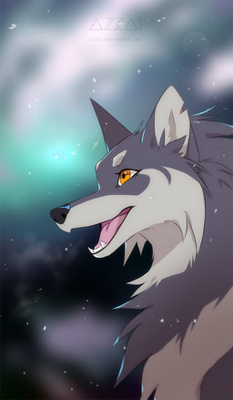 ambiguous_gender aurora_(phenomenon) black_nose breath cheek_tuft eyelashes facial_tuft fangs feral fur grey_body grey_fur grey_markings long_snout markings night nude open_mouth open_smile orange_eyes pink_tongue side_view sky smile snout snow snowing solo teeth tongue tuft azzai azzai_wanderia_(azzai) canid canine canis mammal wolf 2019 colored digital_drawing_(artwork) digital_media_(artwork) shaded simple_shading