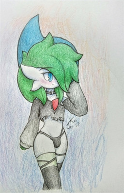 alternative_fashion anthro belly blue_eyes blush bulge clothed clothing collar crossdressing emo femboy green_hair hair jay_kay_snowfox jaykaysnowfox legwear looking_away male shy simple_background solo thigh_highs thong torn_clothing touching_hair underwear jk04btg nintendo pokemon fan_character gallade generation_4_pokemon pokemon_(species) absurd_res half-length_portrait hi_res painting_(artwork) portrait signature traditional_media_(artwork) traditional_painting_(artwork)