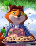 anthro apron biped black_nose clothing cloud dessert food leaf male orange_body outside pastry pie shirt slightly_chubby solo topwear aotoaka disney zootopia gideon_grey canid canine fox mammal red_fox true_fox 2016 hi_res