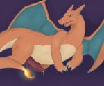 blue_eyes bodily_fluids claws erection feral fire genital_fluids genitals lying male penis precum simple_background solo tail kitorie nintendo pokemon charizard generation_1_pokemon pokemon_(species) reptile scalie 2019