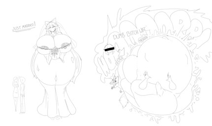 after_vore belly big_belly big_breasts breasts butt clothing death dress duo female female_prey feral huge_belly pregnant pregnant_female text vore fourofour touhou utsuho_reiuji human mammal procyonid raccoon 2025 absurd_res hi_res monochrome