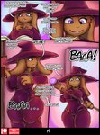 anthro big_breasts book breasts clothed clothing comic english_text fur hat headgear headwear hi_res lagomorph leporid magic magic_staff mammal neo_geppetto nipple_outline purple_clothing rabbit reading red_body red_fur renae_(neo_geppetto) solo text wizard_hat